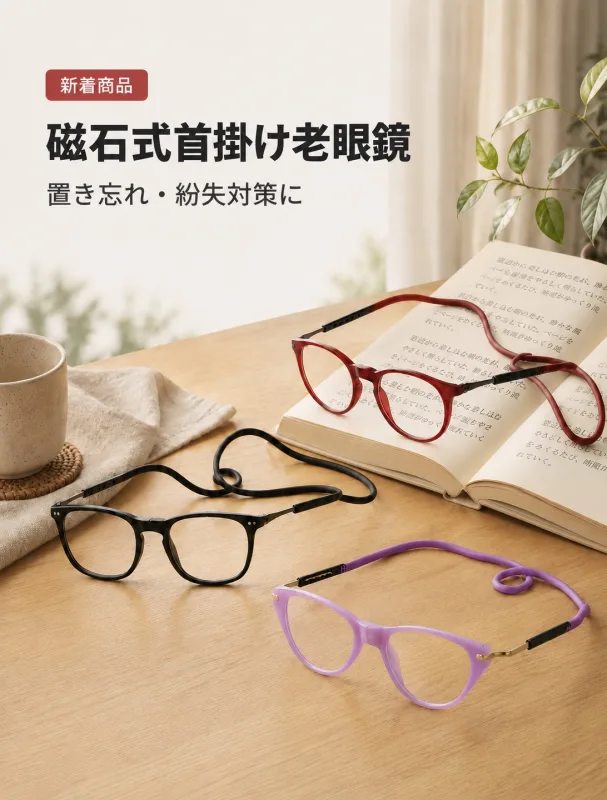 外したメガネ、どこに置いたか分からなくなることはありませんか？👓 読書やスマホを見るたびに、掛けたり外したり。 そのたびにメガネを探すのは、意外と面倒ですよね。 こちらは、ブリッジ部分にマグネットを採用した首掛けタイプの老眼鏡。 マグネットで着脱できるので、掛け外しもスムーズです✨ 使わない時は、そのまま首元へ。 必要な時は、さっと掛けられます。 さらに、テンプルの長さも調節可能。 自分に合わせて、フィット感を調整できます。 本を読む時やスマホを見る時、薬の説明書やレシピを確認する時にも便利。 家事の合間やリビン