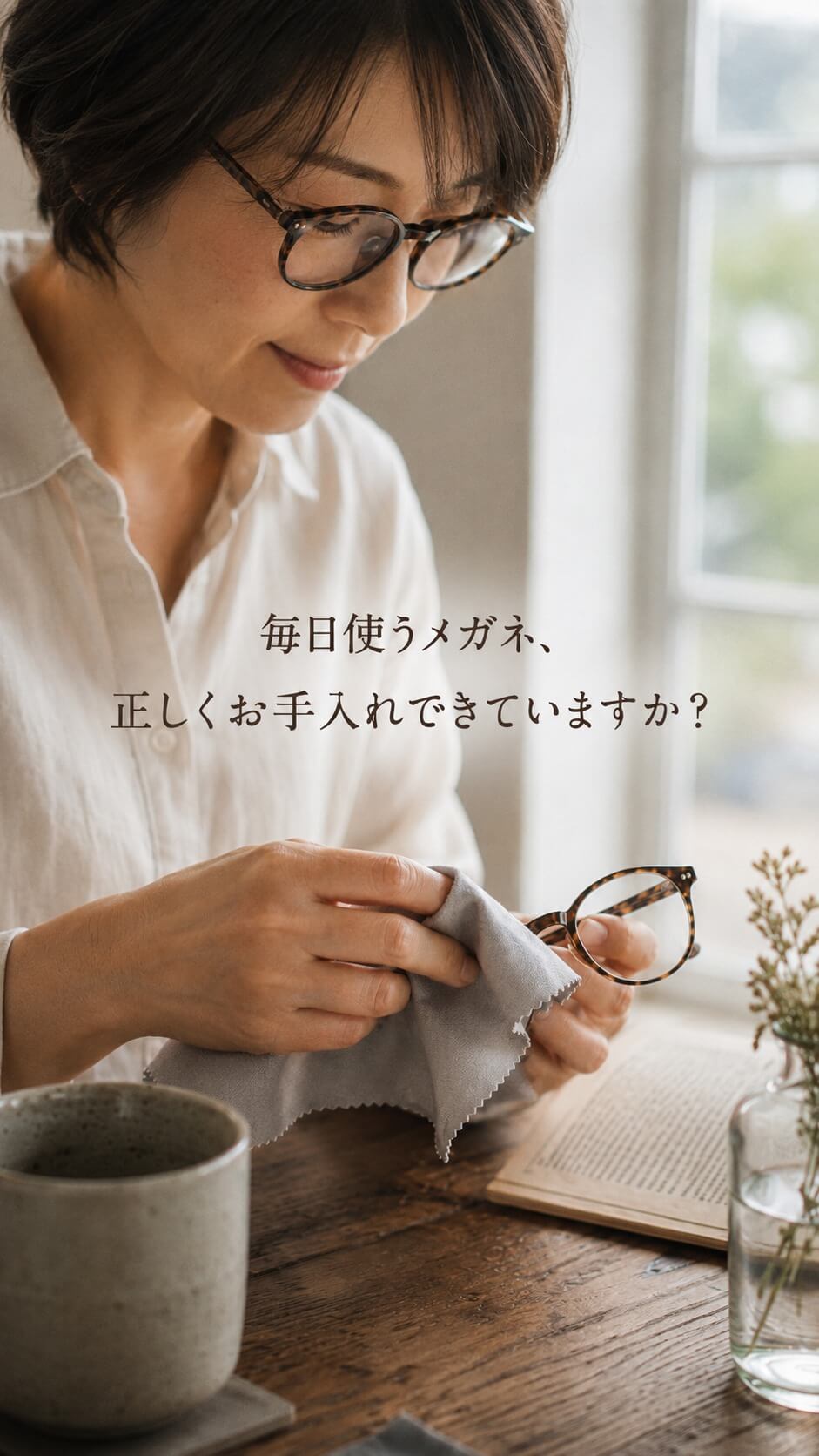 ✨ 毎日使うメガネ、正しくお手入れできていますか？ 毎日の暮らしに欠かせないメガネ。 お気に入りの一本を長く快適に使うために、日頃のお手入れも大切です。 今日からできる3つのポイントをご紹介します。 👐 両手で外す メガネの外す時は、両手