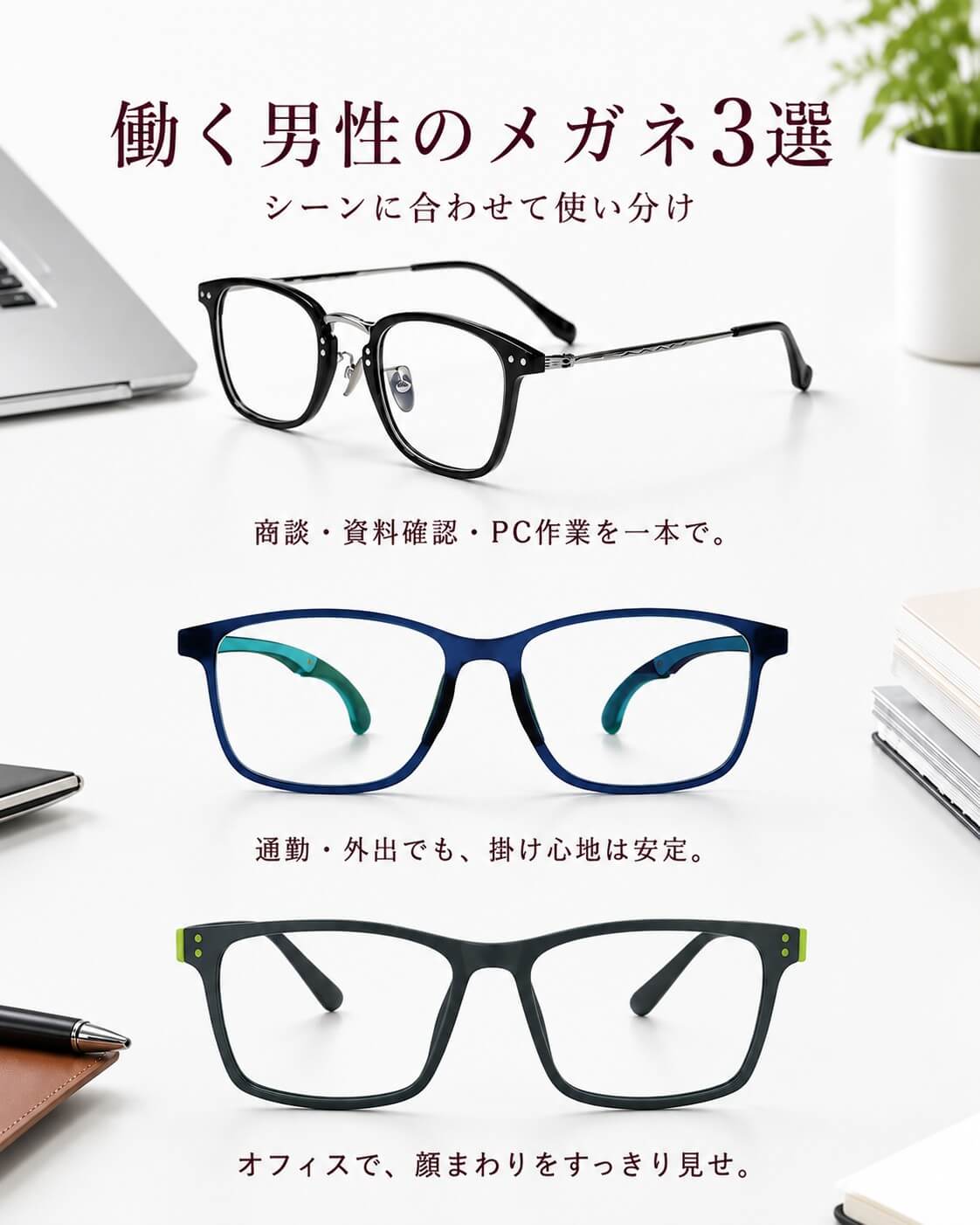 仕事用のメガネ、 「見やすさ」だけで選んでいませんか？👓 会議、PC作業、通勤、外出。 人と会う機会が多い大人の男性にとって、メガネも仕事スタイルの一部です。 きちんと見せたい日も、アクティブに動きたい日も。 働く男性の日常になじむ、3つ