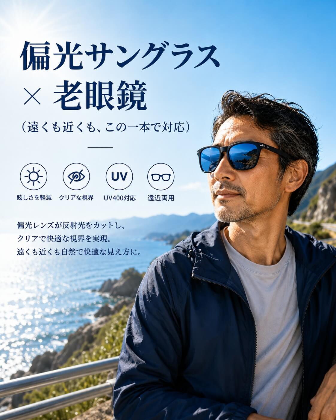 ✨ 「目元の印象」、メガネで変わるって知っていますか？ 👓 外では日差しがまぶしいのに、 手元のスマホや本は見えにくい…。 そのたびに老眼鏡を探したり、サングラスと掛け替えたり。 そんな手間を減らしませんか？ Eterlensの偏光老眼鏡